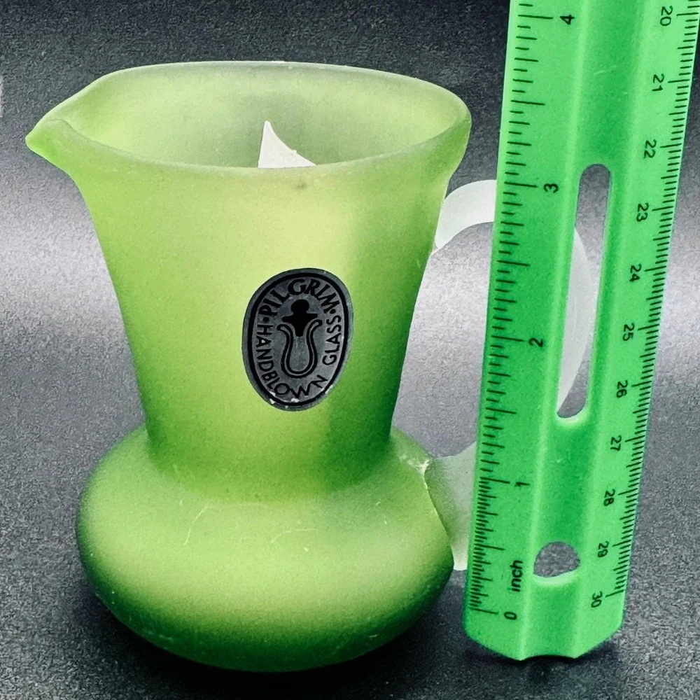 Pilgrim Glass‎ Handblown Frosted Satin Lime Green Mini Pitcher Vintage Name Tag